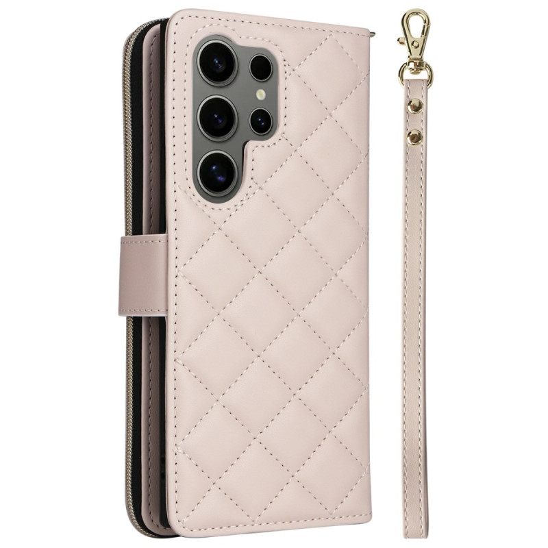 Leren Hoesje Voor Samsung Galaxy S25 Ultra 5g Gewatteerde Portemonnee Met Bandje En Schouderband