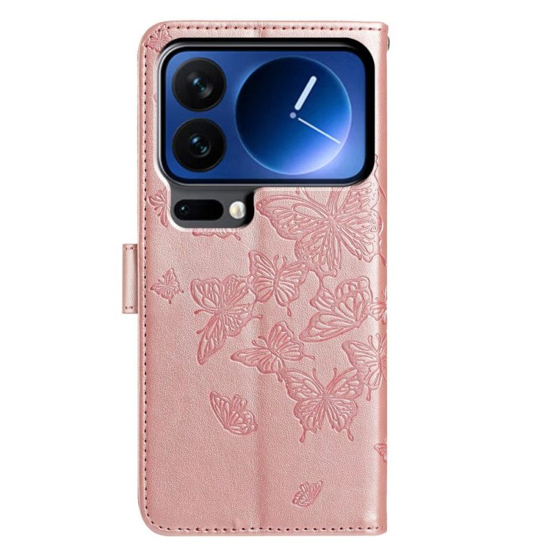 Flip Case Leren Xiaomi 17 Pro Gegraveerde Vlinders