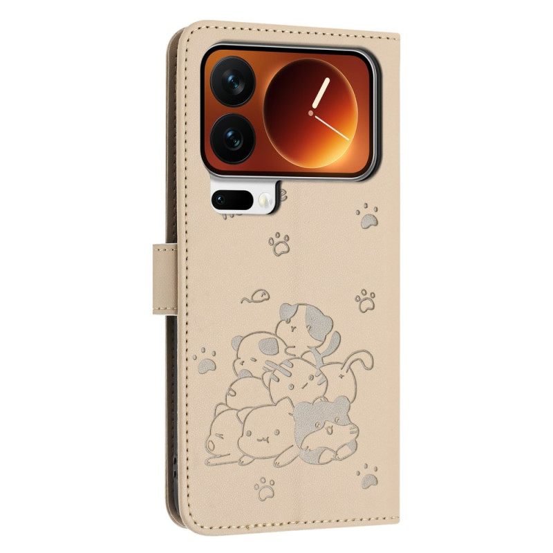 Leren Hoesje Voor Xiaomi 17 Pro Kattenpatroon En Koord