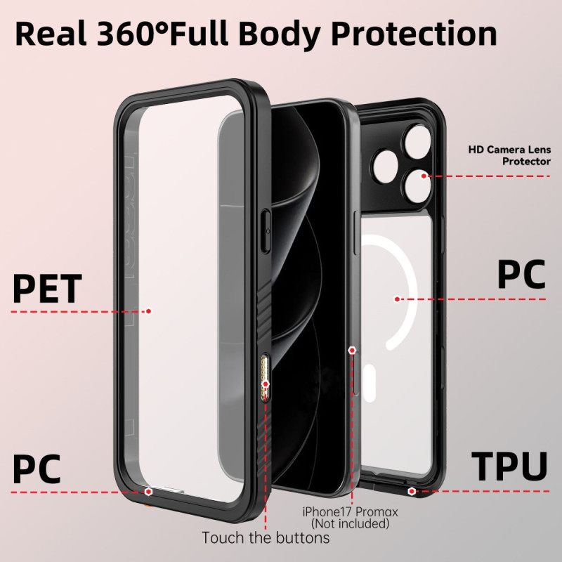 Case Hoesje iPhone 17 Pro Max Telefoonhoesje Transparante Magsafe-compatibele Waterdichte Ip68-houder