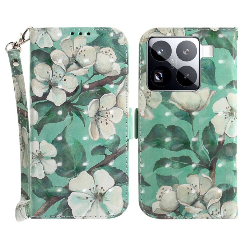 Folio-hoesje Xiaomi 15 Pro Witte Bloemen-bandje