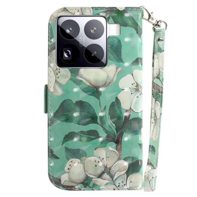 Folio-hoesje Xiaomi 15 Pro Witte Bloemen-bandje