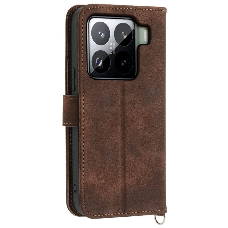 Leren Hoesje Voor Xiaomi 15 Pro Suède-effect Bloemenpatroon Met Bandje En Schouderriem