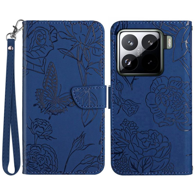 Leren Hoesje Xiaomi 15 Pro Bandje Met Vlinderprint