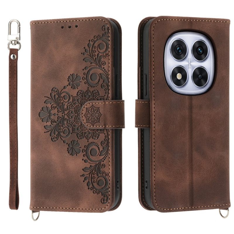 Flip Case Leren Poco X7 5g Kantpatroon Met Bandje En Schouderband