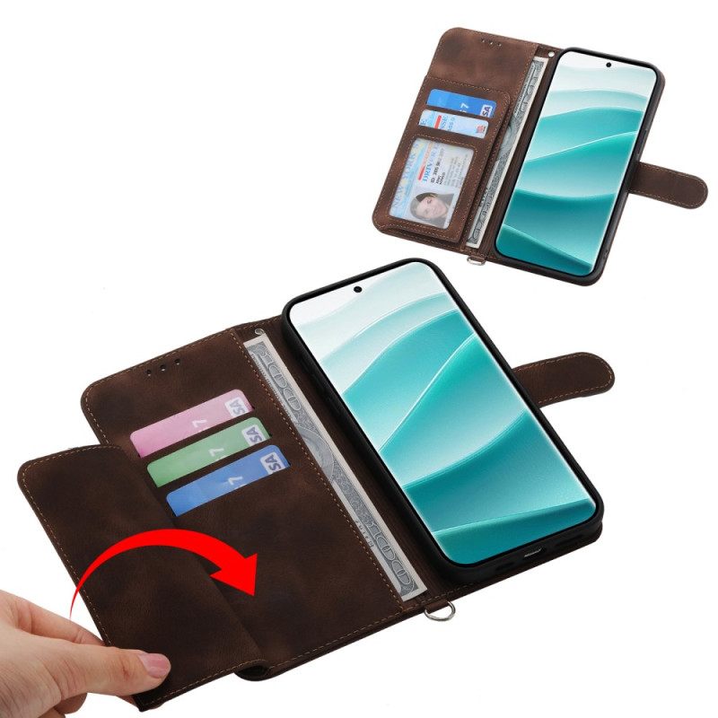 Flip Case Leren Poco X7 5g Kantpatroon Met Bandje En Schouderband