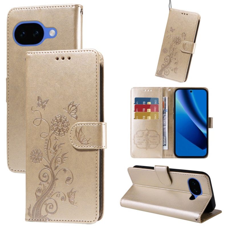 Leren Hoesje Google Pixel 10a Bloemen En Vlinder Bescherming Hoesje