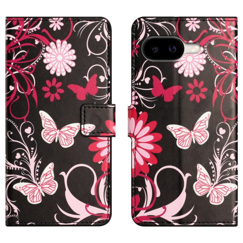Leren Hoesje Voor Google Pixel 10a Vlinders Op Een Zwarte Achtergrond