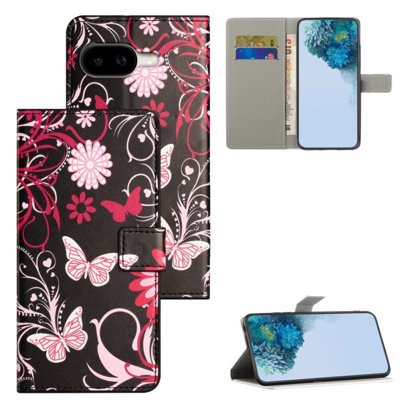 Leren Hoesje Voor Google Pixel 10a Vlinders Op Een Zwarte Achtergrond
