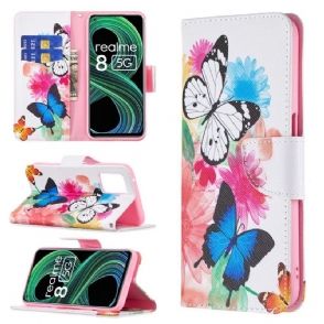 Folio-hoesje voor Realme 8 5G Vlinders En Kleurrijke Bloemen