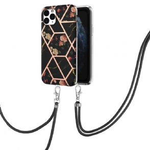 Hoesje voor iPhone 11 Pro Max Met Koord Marmer En Bloemen
