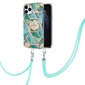 Hoesje voor iPhone 11 Pro Max Met Koord Marmer En Witte Bloemen