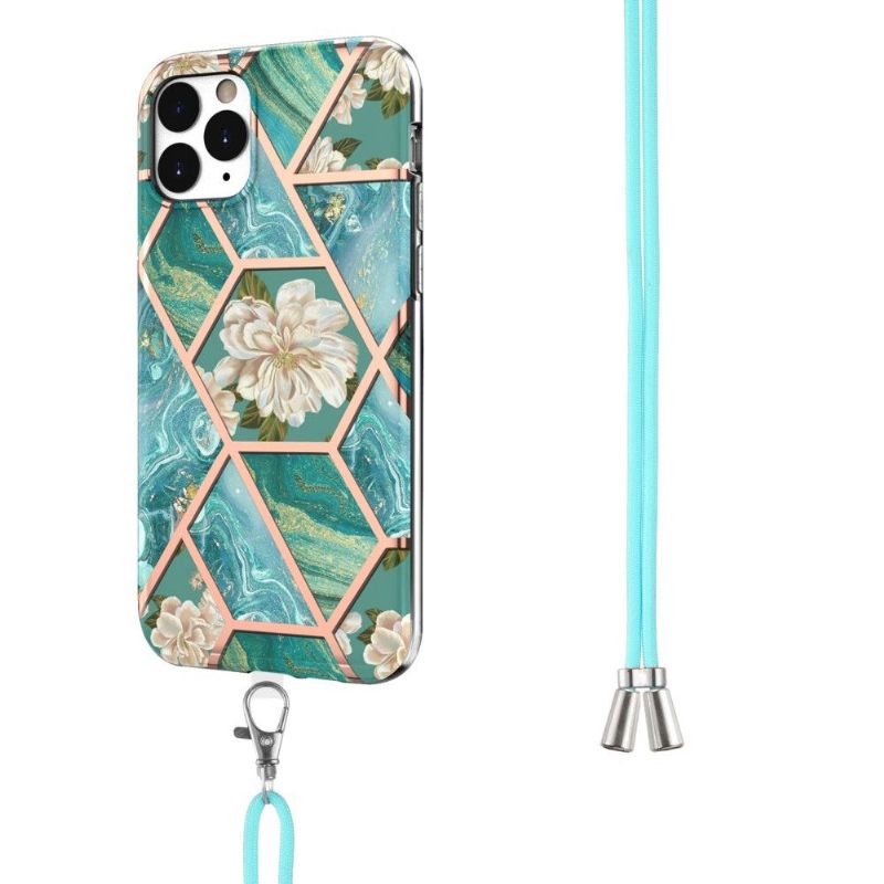 Hoesje voor iPhone 11 Pro Max Met Koord Marmer En Witte Bloemen