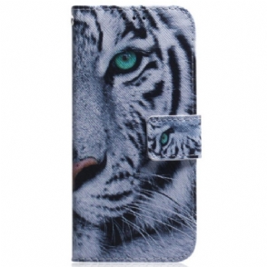 Leren Hoesje voor Moto G73 5G Met Ketting Strappy Witte Tijger