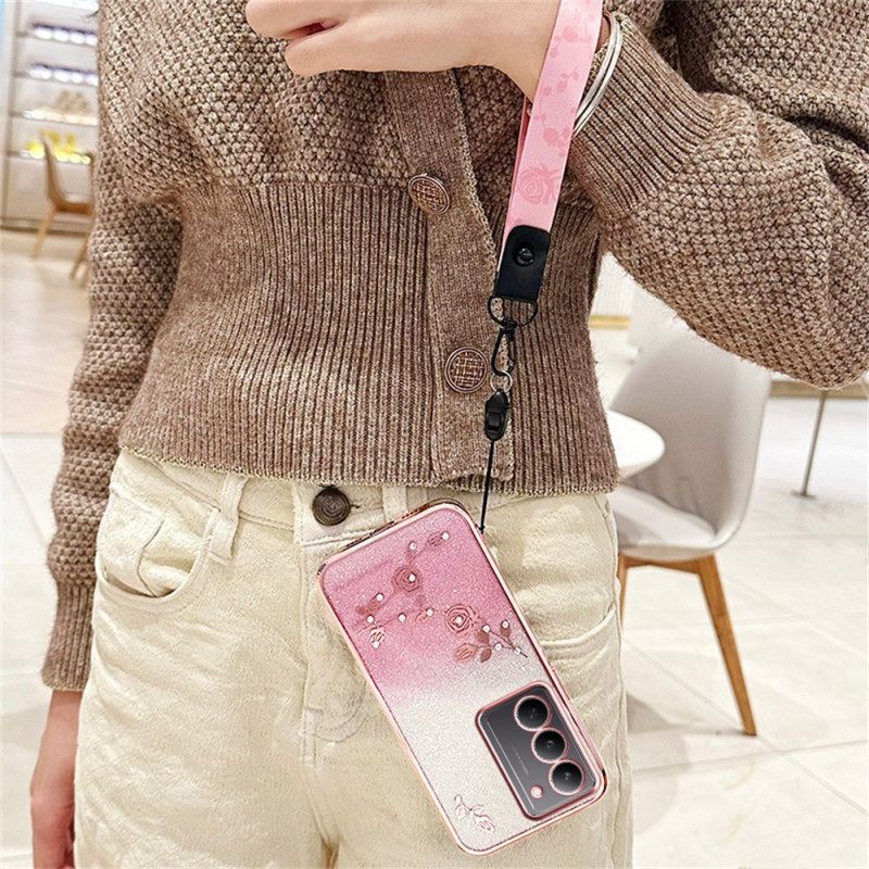 Cover Hoesje Realme 14x 5g Telefoonhoesje Kadem Bloemen En Strass-steentjes Met Sleutelkoord