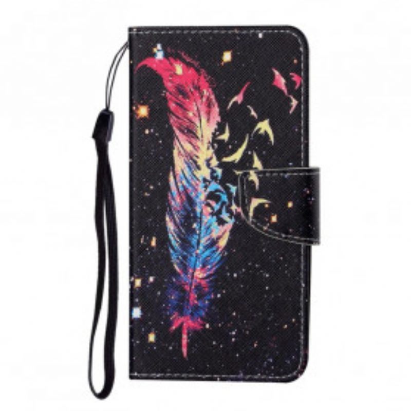 Leren Hoesje voor Oppo A15 Met Ketting Kleurrijke Veer Met Riem