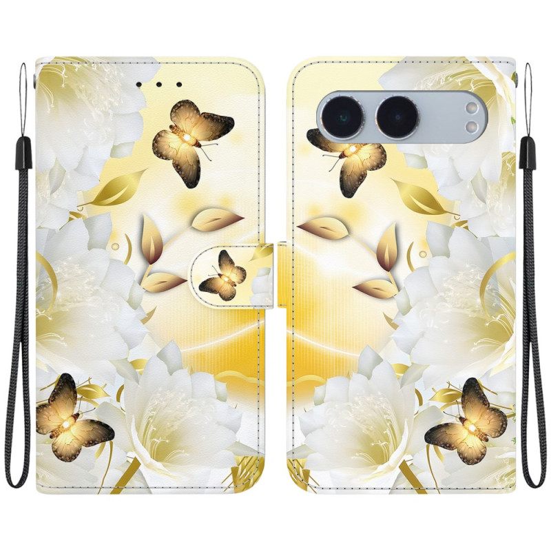 Leren Hoesje Oneplus Nord 4 Gouden Vlinders En Kantbloemen Bescherming Hoesje