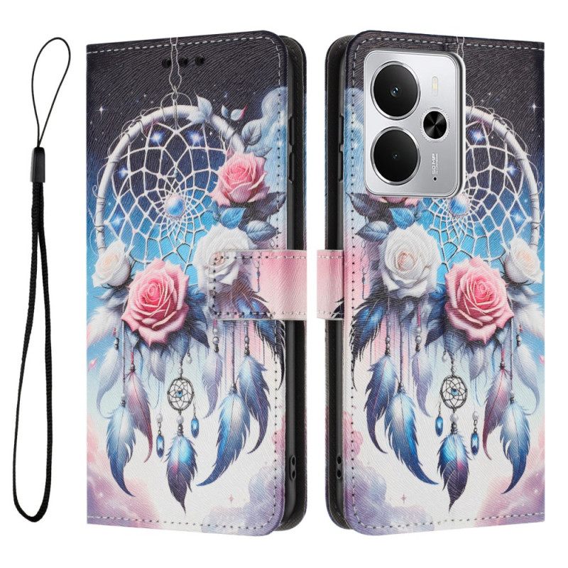 Leren Hoesje Realme 14t 5g Bloemenpatroon En Dromenvanger Bescherming Hoesje