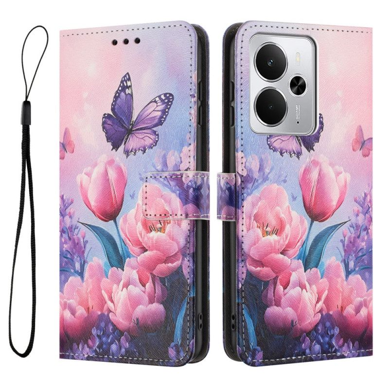 Leren Hoesje Realme 14t 5g Roze Bloemen En Vlinders Bescherming Hoesje