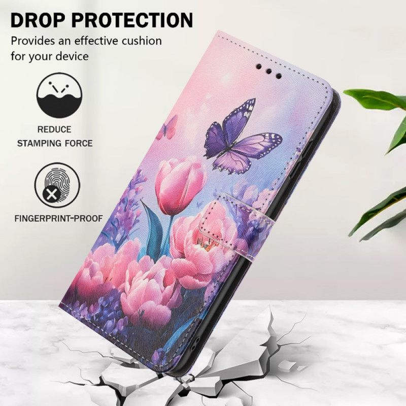 Leren Hoesje Realme 14t 5g Roze Bloemen En Vlinders Bescherming Hoesje