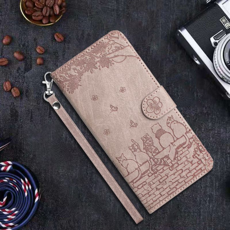 Flip Case Leren Xiaomi Redmi Note 14 5g Kattenpatroon Met Bandje