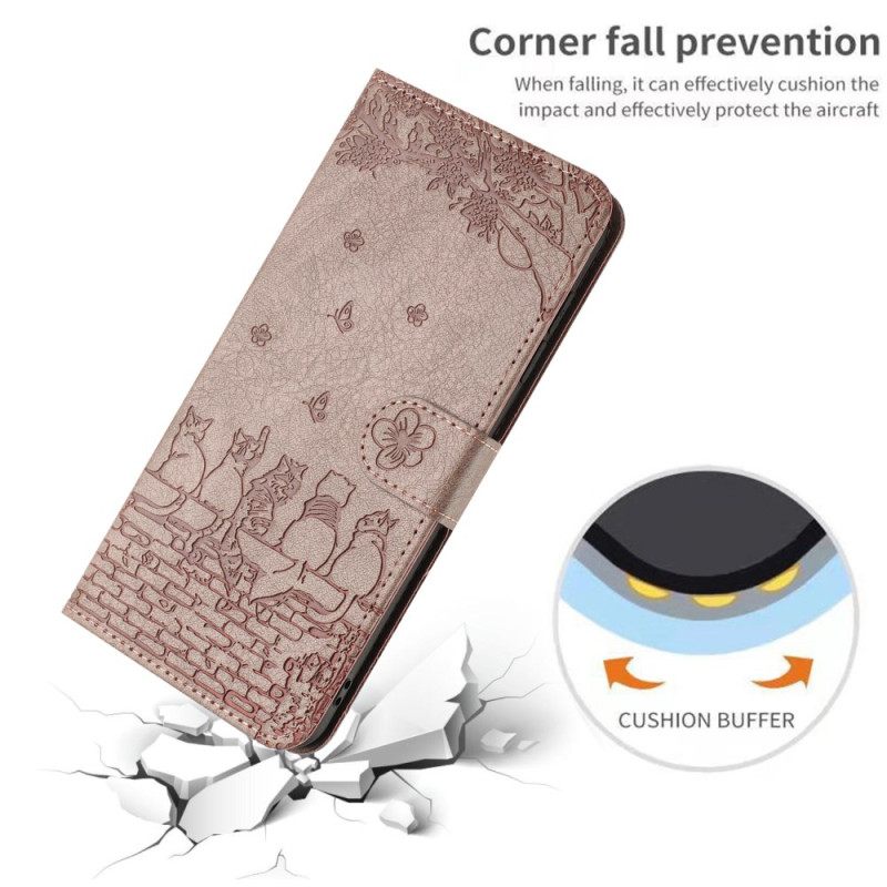 Flip Case Leren Xiaomi Redmi Note 14 5g Kattenpatroon Met Bandje