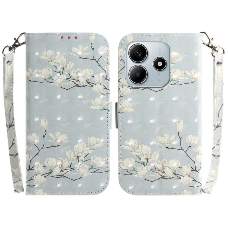 Flip Case Leren Xiaomi Redmi Note 14 5g Sleutelkoord Met Aquarelbloemen