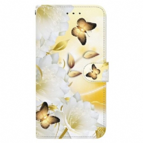 Folio-hoesje Xiaomi Redmi Note 14 5g Telefoonhoesje Gouden Vlinders En Witte Bloemen