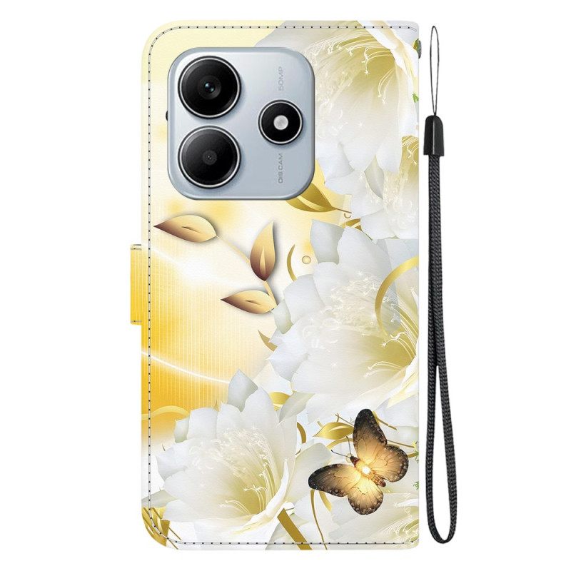 Folio-hoesje Xiaomi Redmi Note 14 5g Telefoonhoesje Gouden Vlinders En Witte Bloemen