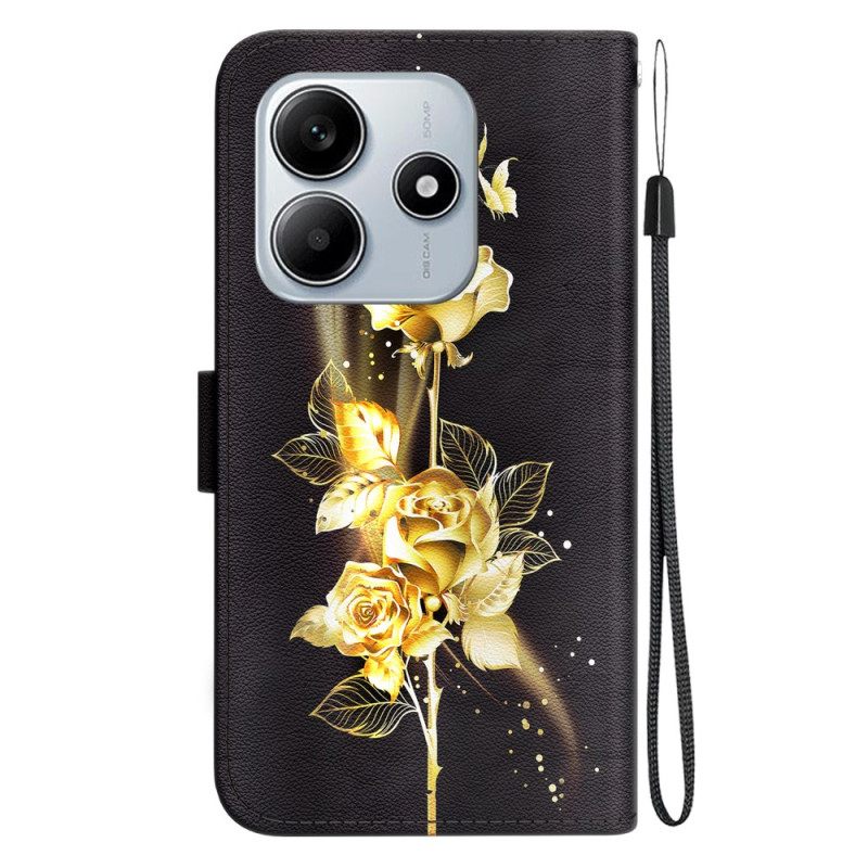 Leren Hoesje Voor Xiaomi Redmi Note 14 5g Gouden Vlinders En Roos