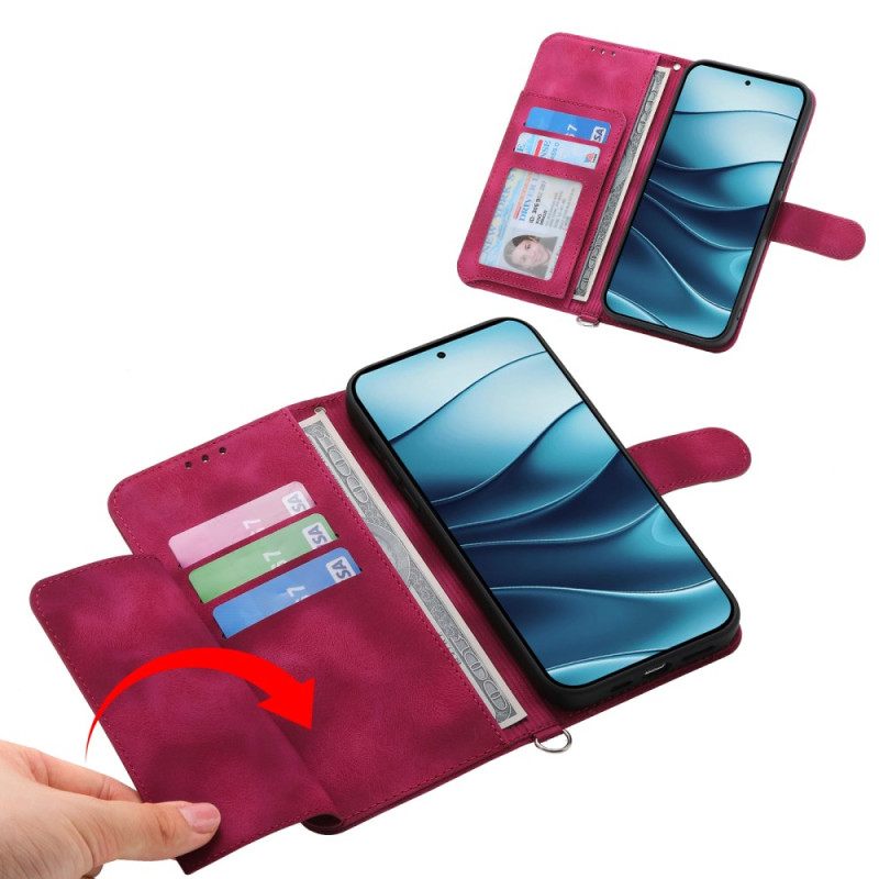 Leren Hoesje Xiaomi Redmi Note 14 5g Portemonnee Met Kantpatroon Riempje En Schouderriem Bescherming Hoesje