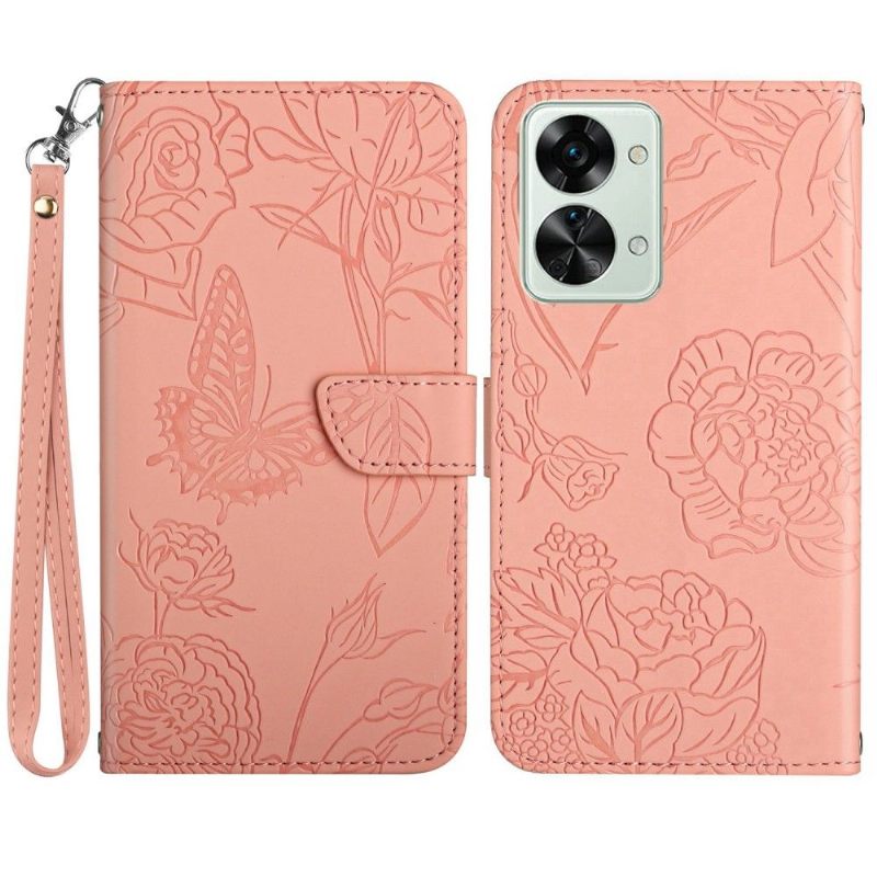 Folio-hoesje voor OnePlus Nord 2T 5G Illustratie Vlinder En Bloemen Riem