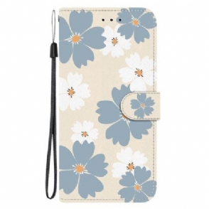 Leren Hoesje Poco C85 Grijze En Witte Bloemen Bescherming Hoesje
