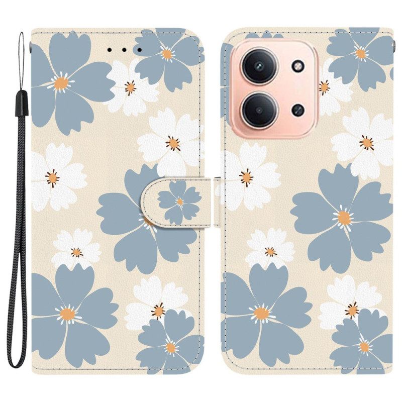 Leren Hoesje Poco C85 Grijze En Witte Bloemen Bescherming Hoesje