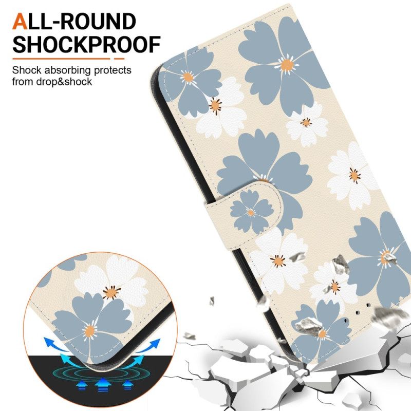 Leren Hoesje Poco C85 Grijze En Witte Bloemen Bescherming Hoesje