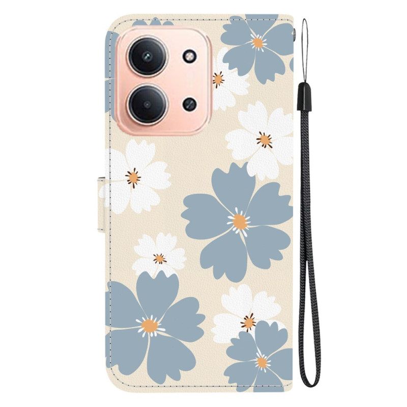 Leren Hoesje Poco C85 Grijze En Witte Bloemen Bescherming Hoesje