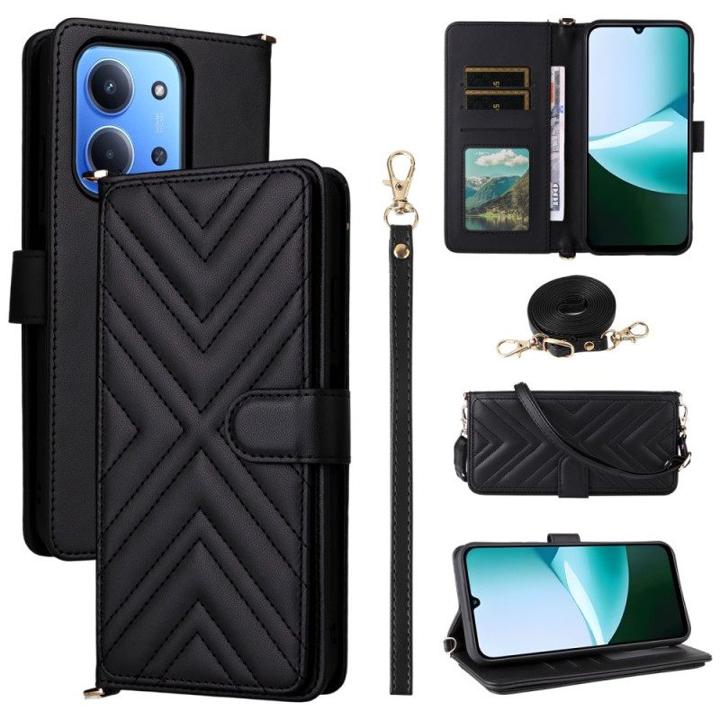 Leren Hoesje Voor Poco C85 Gewatteerd Ontwerp Met Bandje En Schouderband