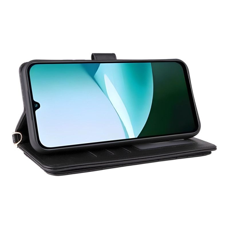 Leren Hoesje Voor Poco C85 Gewatteerd Ontwerp Met Bandje En Schouderband