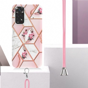 Hoesje voor Xiaomi Redmi Note 11 / Note 11S Met Koord Marmer En Bloemenkroon