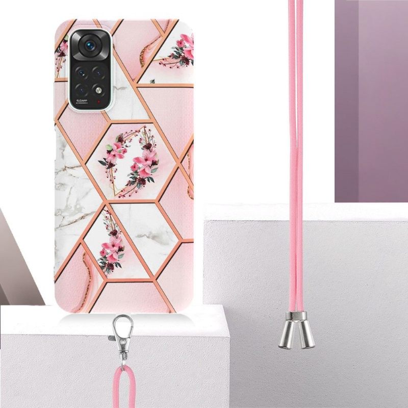 Hoesje voor Xiaomi Redmi Note 11 / Note 11S Met Koord Marmer En Bloemenkroon