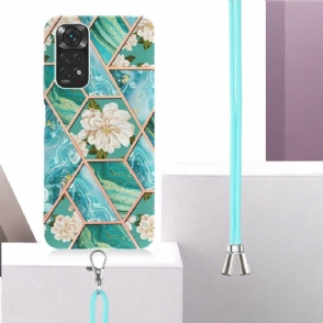 Hoesje voor Xiaomi Redmi Note 11 / Note 11S Met Koord Marmer En Witte Bloemen