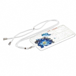 Hoesje voor Samsung Galaxy S21 Ultra 5G Anti-fall Met Koord Blauwe Bloemen En Vlinders