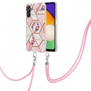 Hoesje voor Samsung Galaxy A13 5G Met Koord Marmer En Bloemenkroon