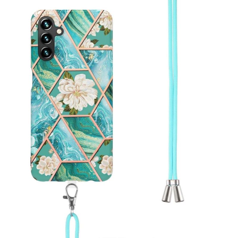 Hoesje voor Samsung Galaxy A13 5G Met Koord Marmer En Witte Bloemen