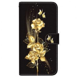 Leren Hoesje Voor Xiaomi Redmi Note 15 Pro 5g Gouden Vlinder En Rozen