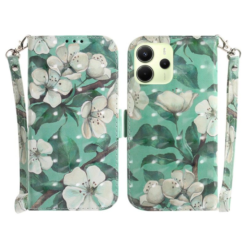 Folio-hoesje Xiaomi Redmi Note 14 4g Telefoonhoesje Witte Bloemen Met Riempje