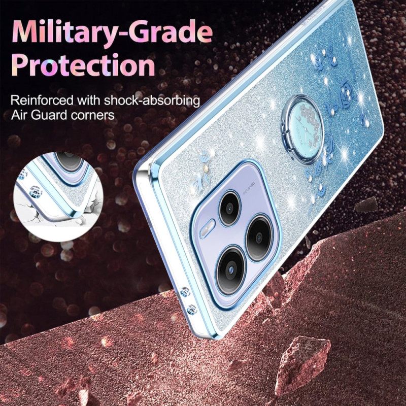 Hoesje Voor Xiaomi Redmi Note 14 4g Ringhouder Met Strass-steentjes En Bloemen