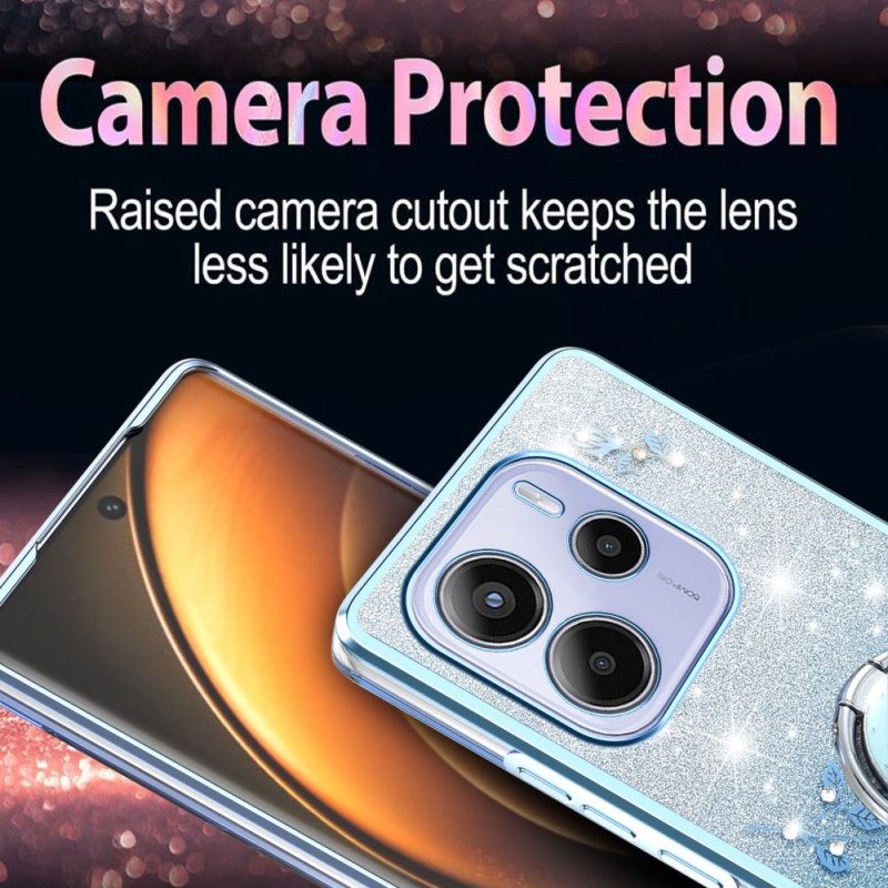 Hoesje Voor Xiaomi Redmi Note 14 4g Ringhouder Met Strass-steentjes En Bloemen