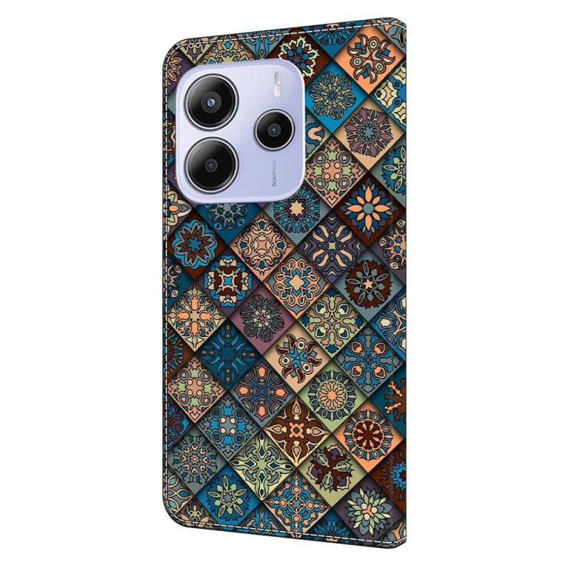 Leren Hoesje Voor Xiaomi Redmi Note 14 4g Blauw Bloemenpatroon