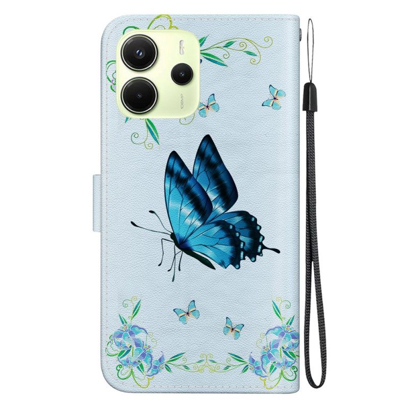 Leren Hoesje Voor Xiaomi Redmi Note 14 4g Blauwe Vlinder En Bloemen
